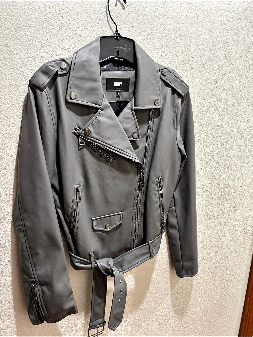 Faux Leather Belted Moto Jacket Women's Medium Gray with pewter zippers and snap